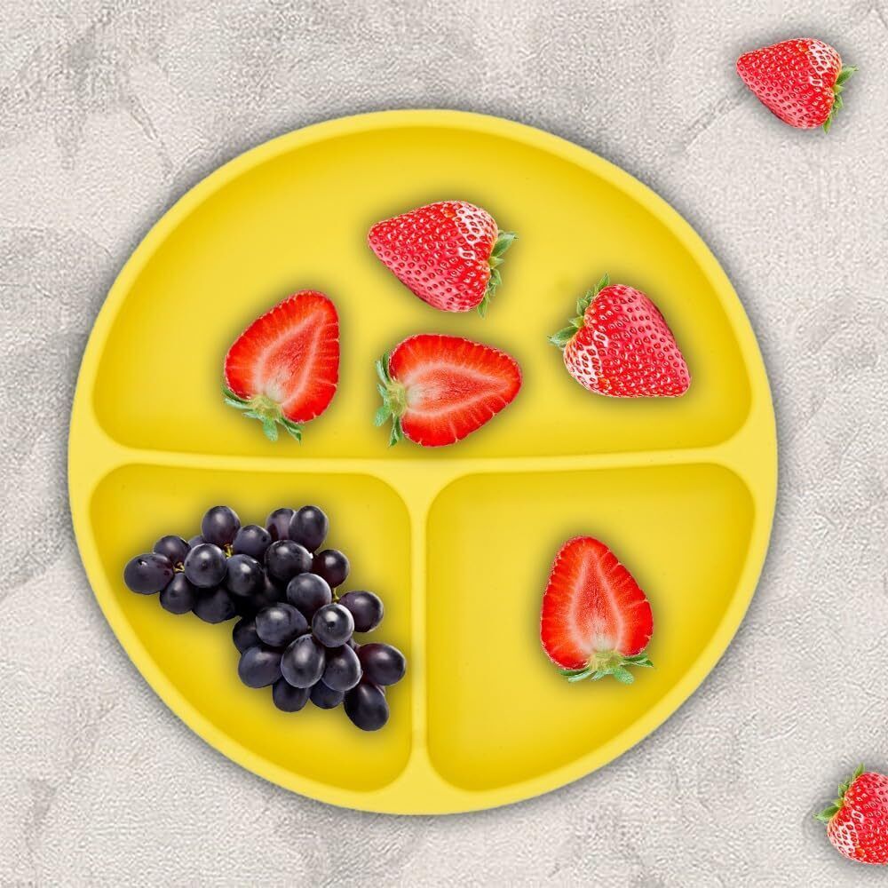 Silicone Big Suction Plates with 3 Deep Divided Sections for Babies -Yellow- Silicone