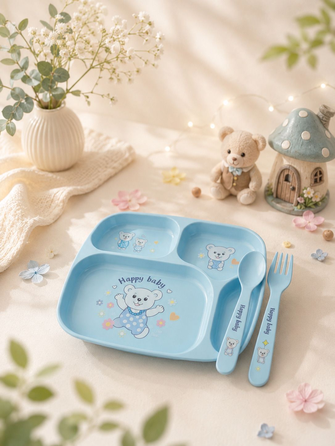 3-Piece Kids' BLUE Divided Plate Set – Cute Cartoon Bunny Toddler Dinnerware - PLASTIC-image-30