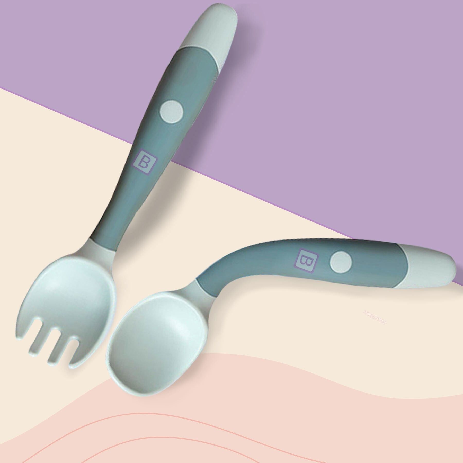 Baby Silicone Training Spoon Twist Spoon, Baby Spoon and Fork Set (Blue Color). - Silicone