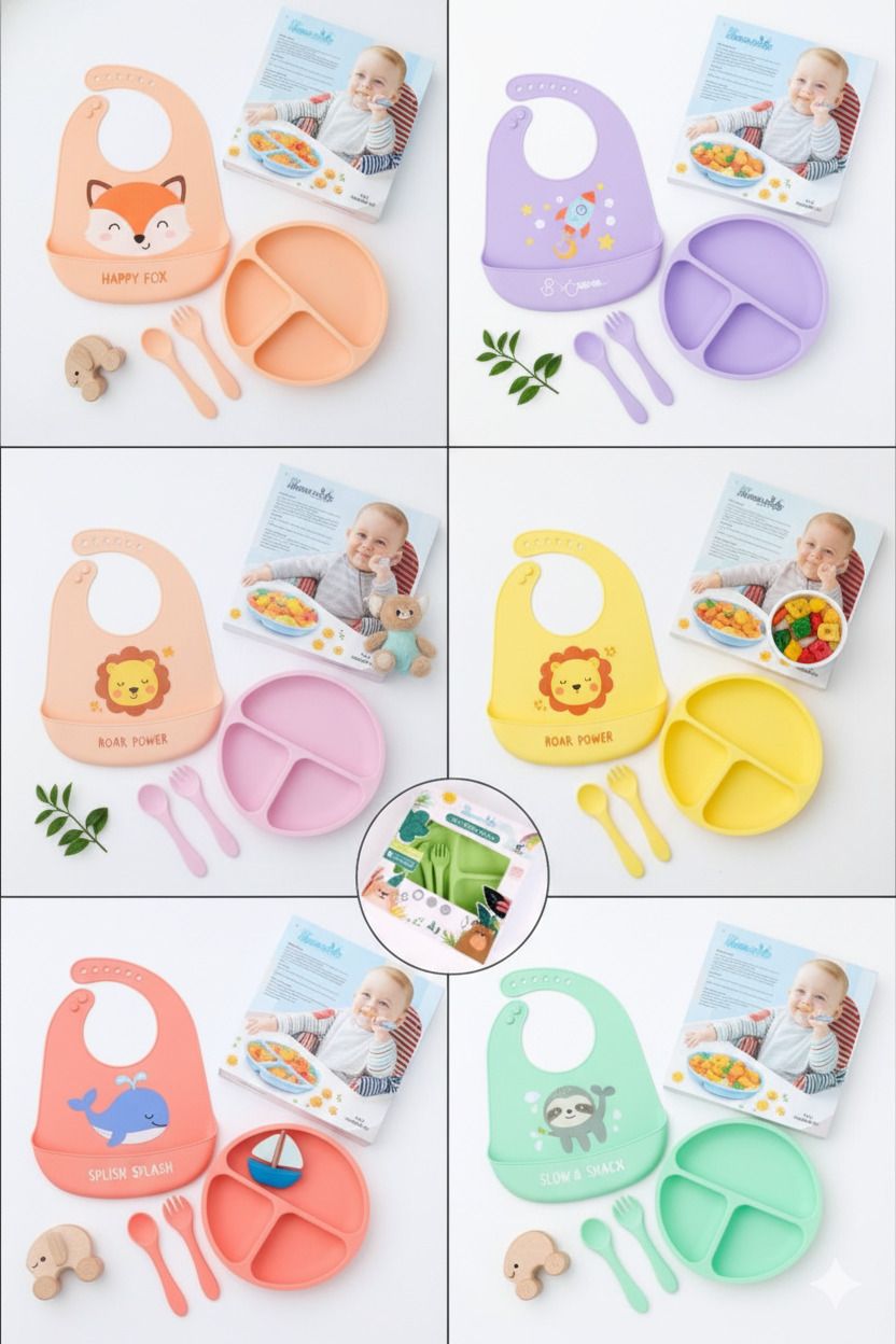 4-Piece Silicone Baby Feeding Set – Plate, Bib, Spoon & Fork - Silicon (Food Grade 100% BPA free)