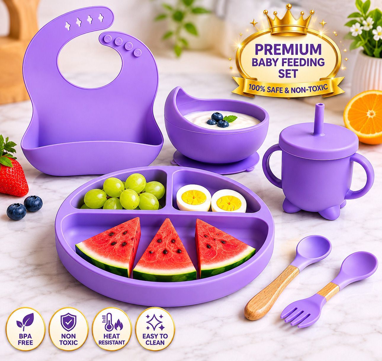 Premium 6-Piece Silicone Baby Feeding Set with Suction Plate, - silocone-image-31