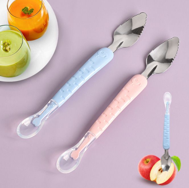 Multi-Use Double Head Fruit Scraping & Soft Tip Feeding Spoon for Toddlers- Silicone, Stainless Steel