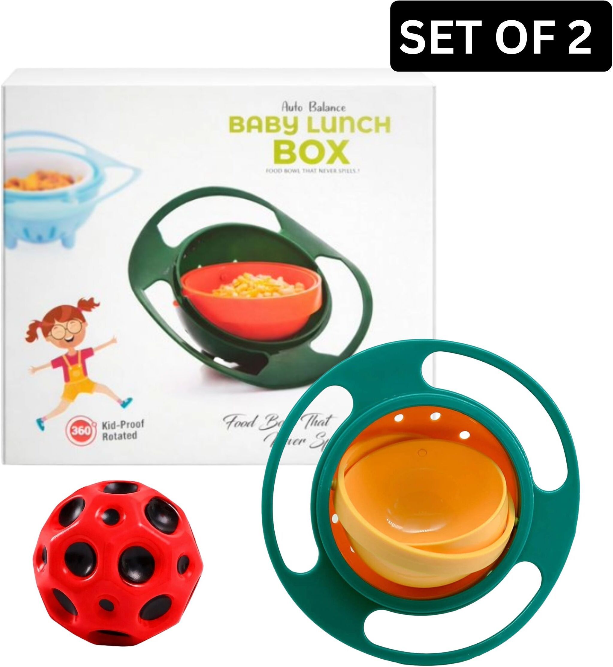 Kids Gyro Bowl and Moon Ball Combo | No Spill Bowl + Bounce Ball - Food Grade Plastic
