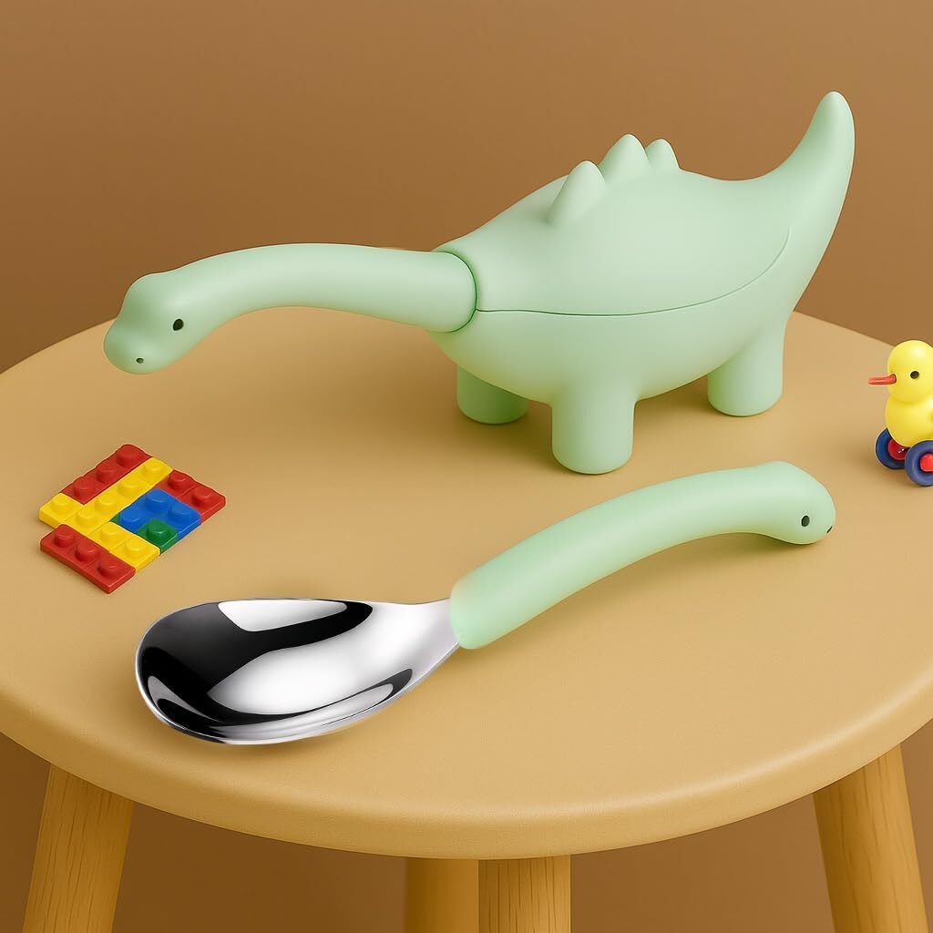 Cute Dino Spoon for Toddlers | Self-Feeding Toy Utensil for Baby & Kids Gift - 304 stainless steel, BPA-free silicone-image-0