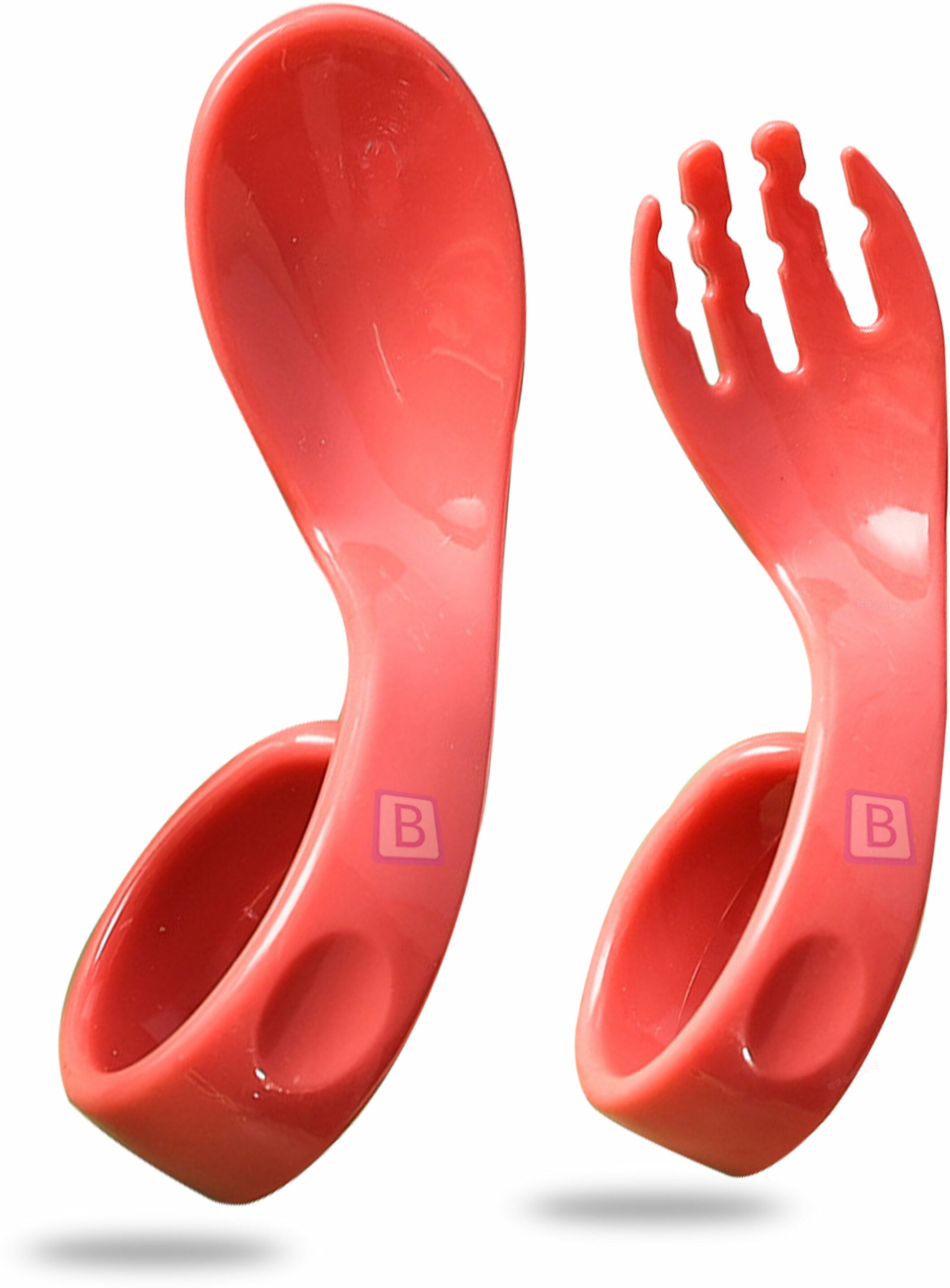 Baby Silicone Training Spoon Curved Spoon, Baby Spoon and Fork Set (Red Color).- Plastic