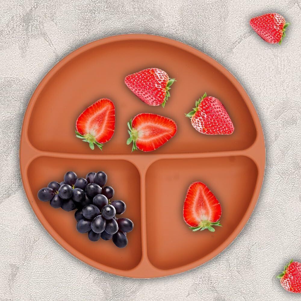 Silicone Big Suction Plates with 3 Deep Divided Sections for Babies -Brick Red- Silicone