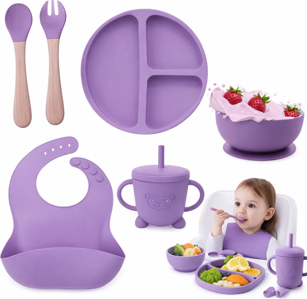 6 Pcs Baby Feeding Set With Suction Plate, Bib, Spoon Fork & Cup - Silicon-image-19