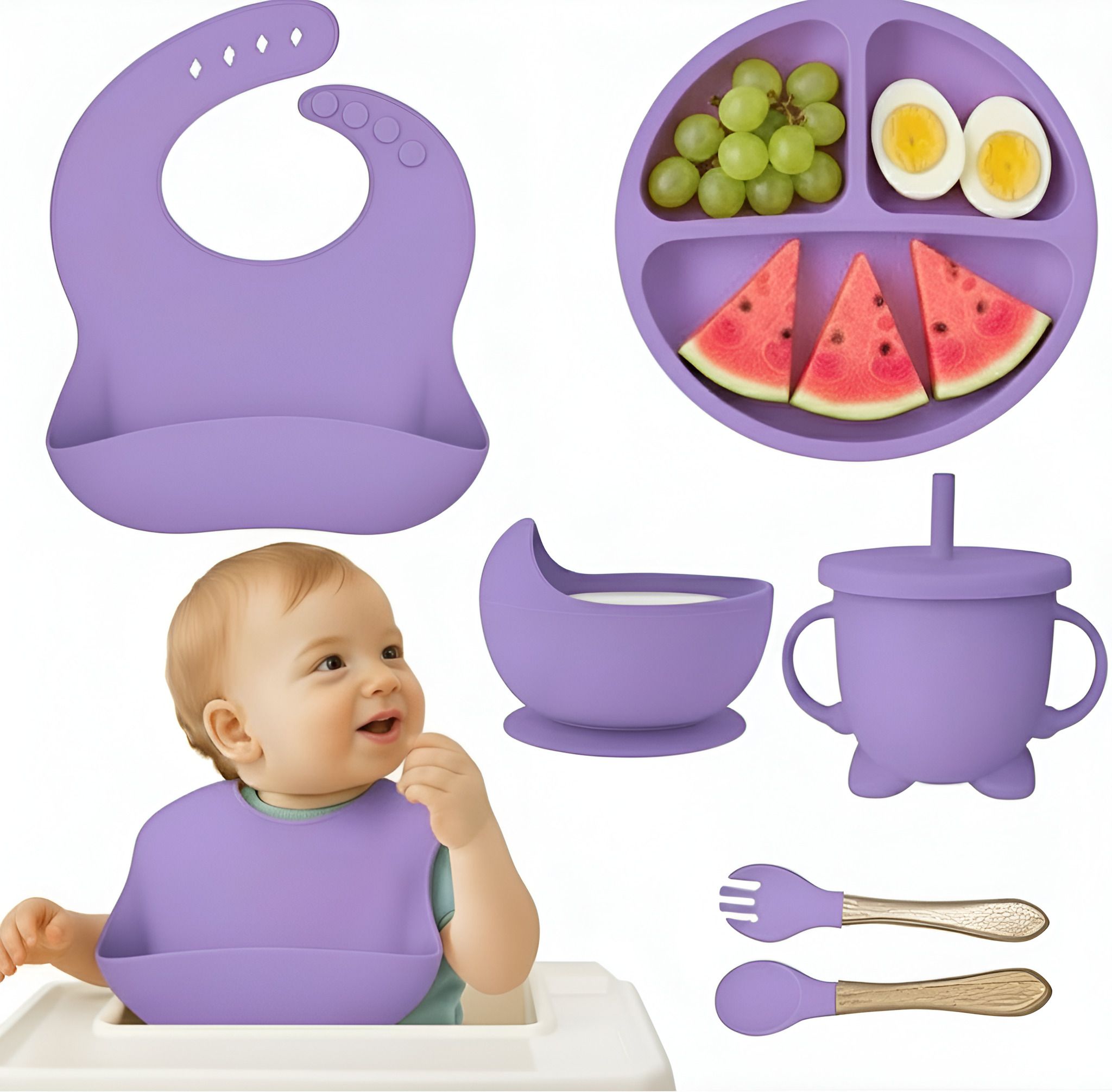 6 pcs Silicone Baby Feeding Set– Suction Bowl & Plate,Bib,Spoon, Fork, Sippy Cup - BPA Free -Silicone