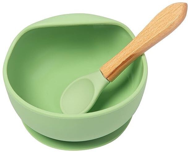 isupta Green Silicone Suction Baby Bowl with Wooden-Handle Spoon - Food-grade Silicone (Bowl) + Wooden Handle with Silicone Tip (Spoon)-picture-26