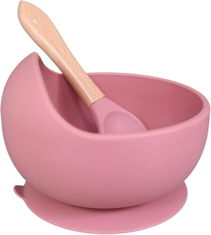 isupta Pink Silicone Suction Baby Bowl with Wooden-Handle Spoon - Food-grade Silicone (Bowl) + Wooden Handle with Silicone Tip (Spoon)-picture-36