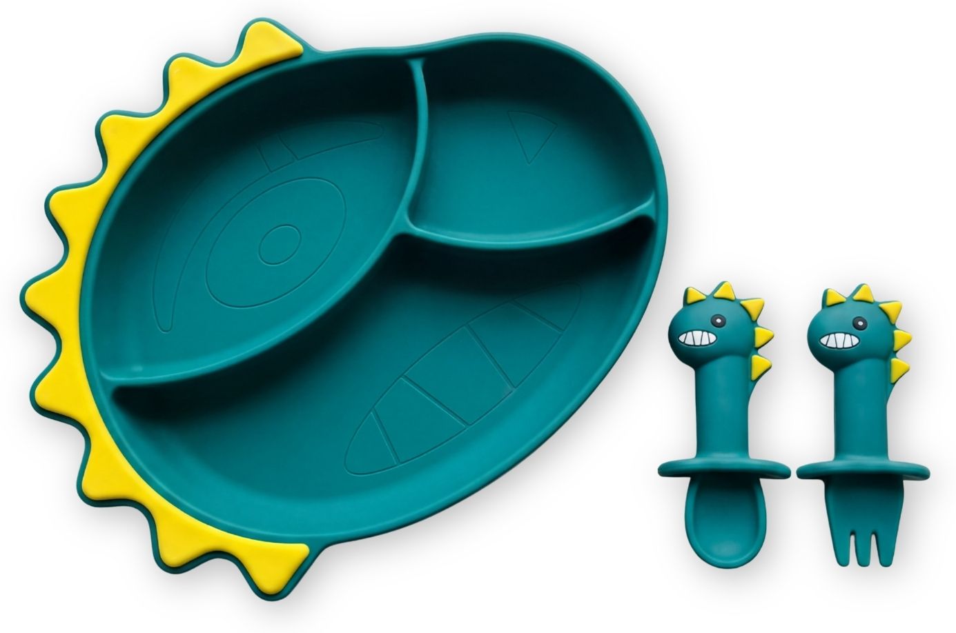 Baby dino silicon suction feeding set-Plate with spoon and fork - 100% Food Grade Silicone-image-41