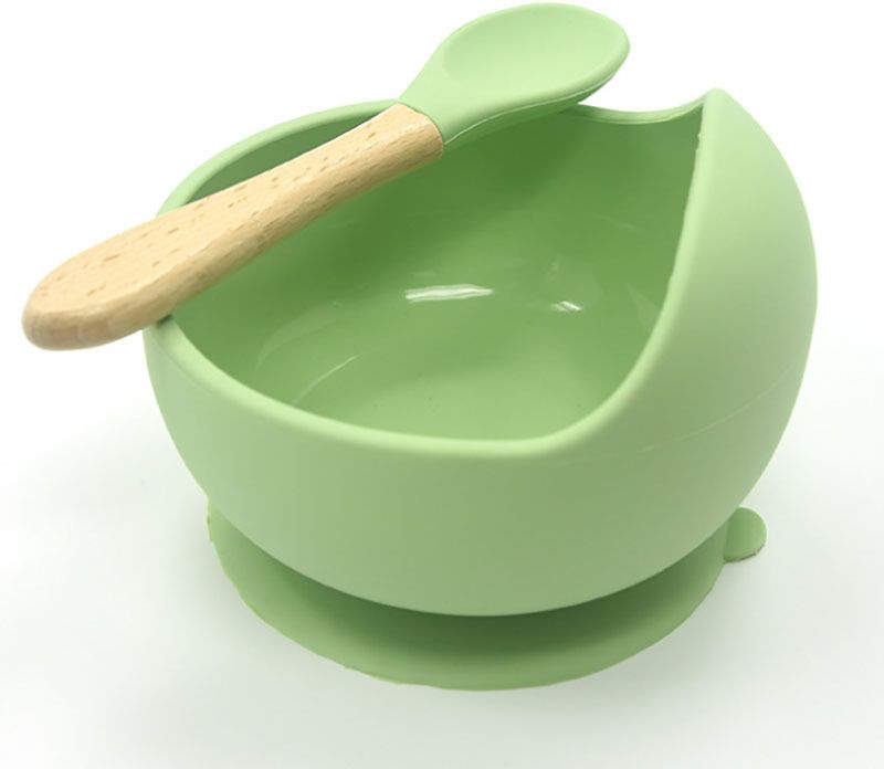 Baby Feeding Bowl and Spoon Set, Silicone Suction Base and Wooden Spoon - Silicone
