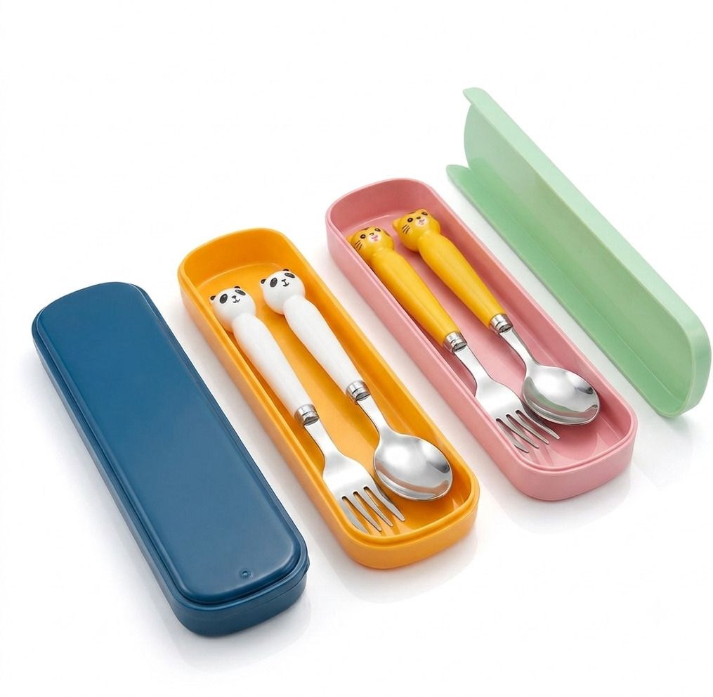 Stainless Steel Spoon and Fork Combo Set with Portable Travel Case for kids - Non Toxic Plastic-image-8