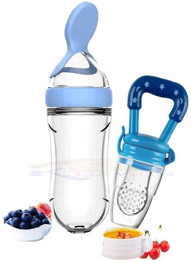 90ML Newborn Baby Feeding Bottle Toddler Silicone Squeeze Feeding Spoon Milk Cereal Training Feeder and Fruit feeder(Set of 2)- Silicone