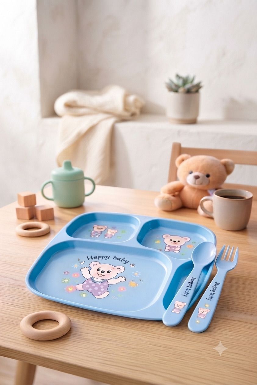 Kids Green Compartment Dinner Plate Set with Spoon & Fork - PLastics-image-41