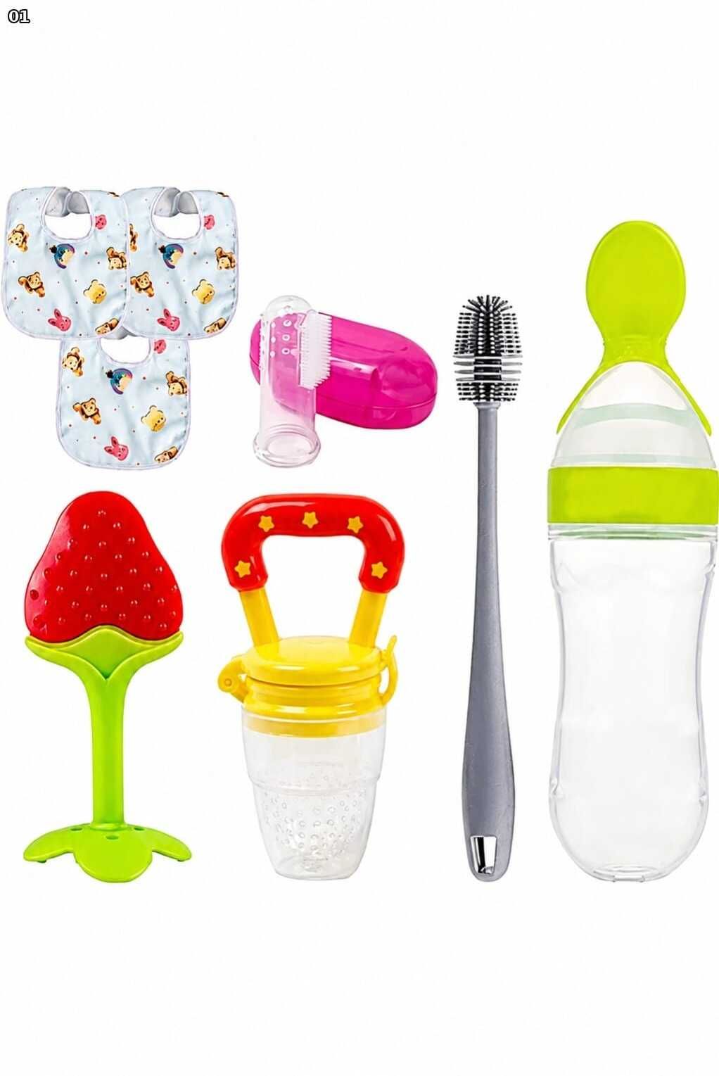 Baby Essentials Combo Kit with Bibs, Bottle, Fruit Feeder & Teether Set - SILICONE-image-3