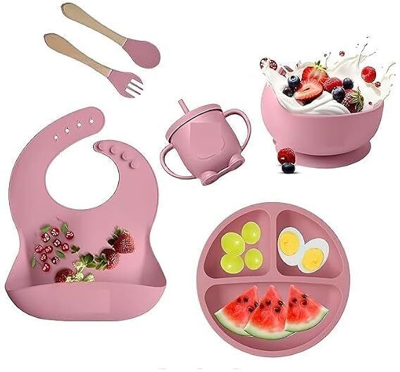 Baby Feeding Set Pack of 6 | Silicone Bowl, Plate, Bib, Spoon, Fork & Cup - Silicone-image-40