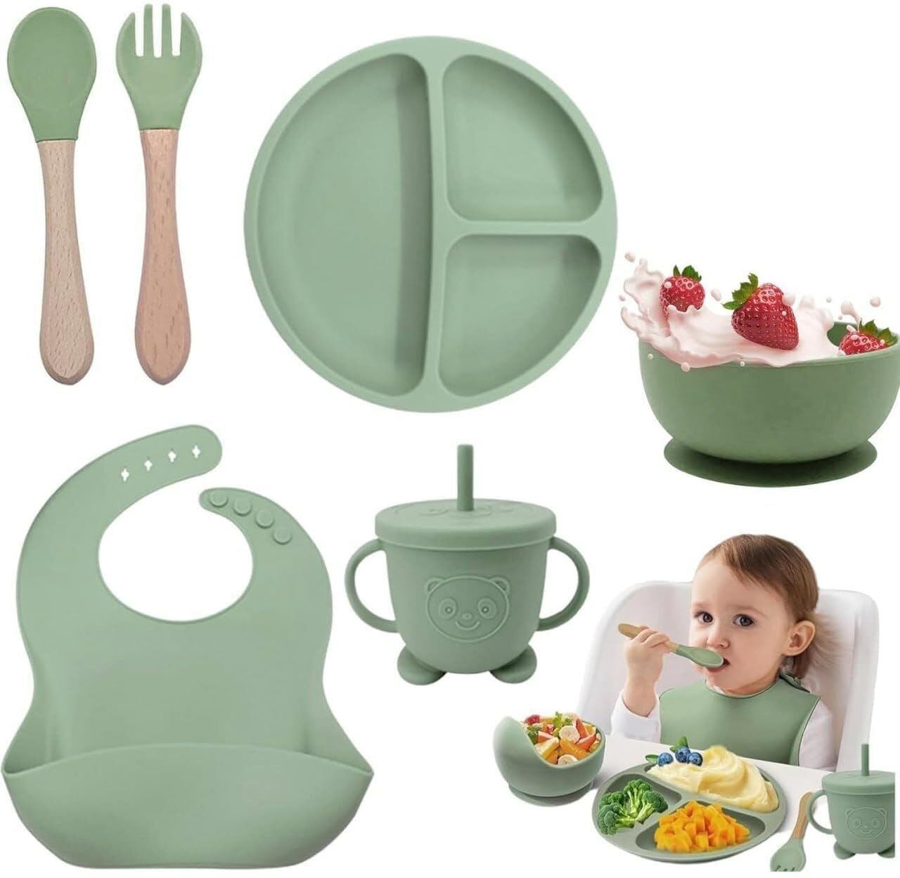 Baby Feeding Set| Suction Plate, Bowl, Bib, Sippy Cup with Straw, Spoon & Fork - Silicone-image-36