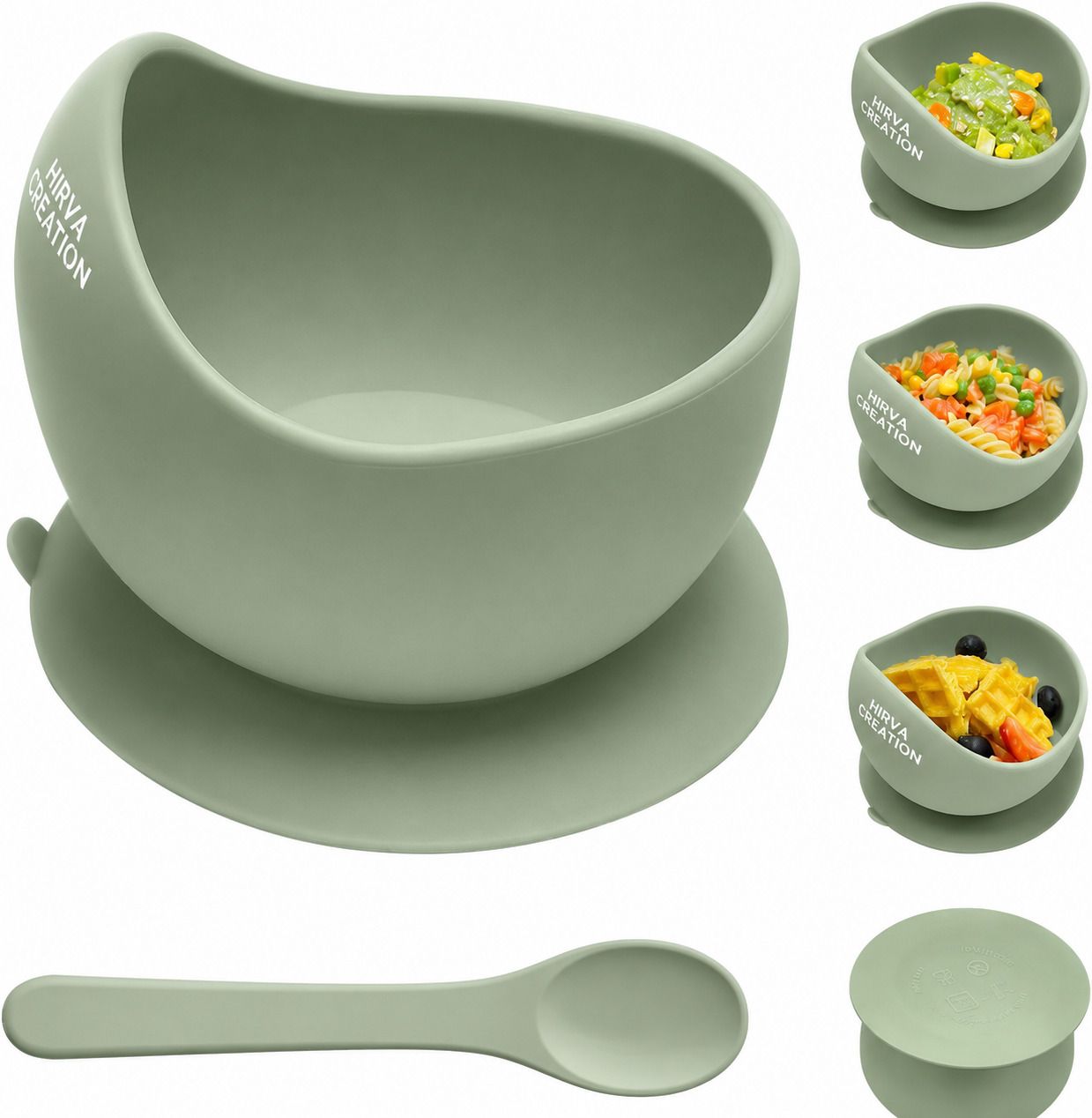 Baby Self Feeding Silicone Suction Bowl and Spoon Set, Sage Multicolor - Silicon, 100% Food Grade Silicone-image-45