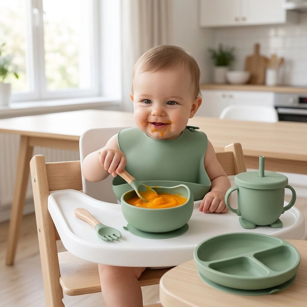 Baby Weaning Feeding Set BPA Free Silicone Bib Plate Bowl Cup Spoon Fork (Green) - Silicone-image-43