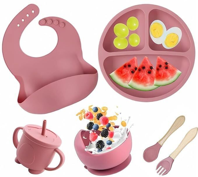 6 Pcs Baby Silicone Feeding Set Suction Plate Bowl Cup Spoon Fork BPA Free - Silicone-image-30