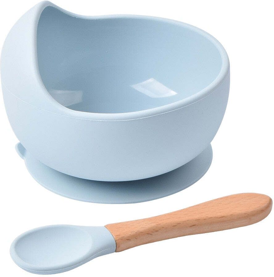 Self-Feeding Silicone Baby Bowl & Spoon, Curved Walls | Upgrade Strong Suction - Hygienic Food Grade Silicone & Wooden