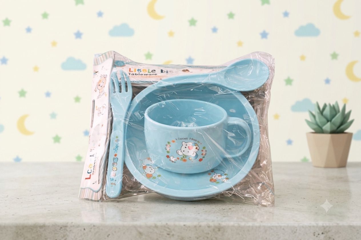 Kids Feeding Tableware Set with Cup, Plate, Spoon & Fork – Blue - Plastics-image-20