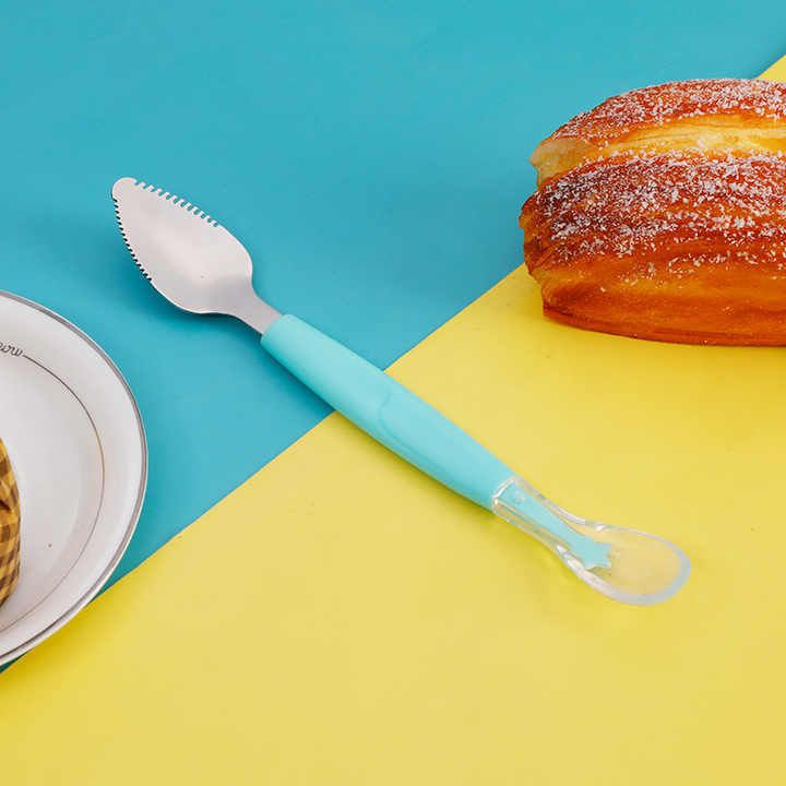 Multi-Use Double Head Fruit Scraping & Soft Tip Feeding Spoon for Toddlers- Silicone, Stainless Steel
