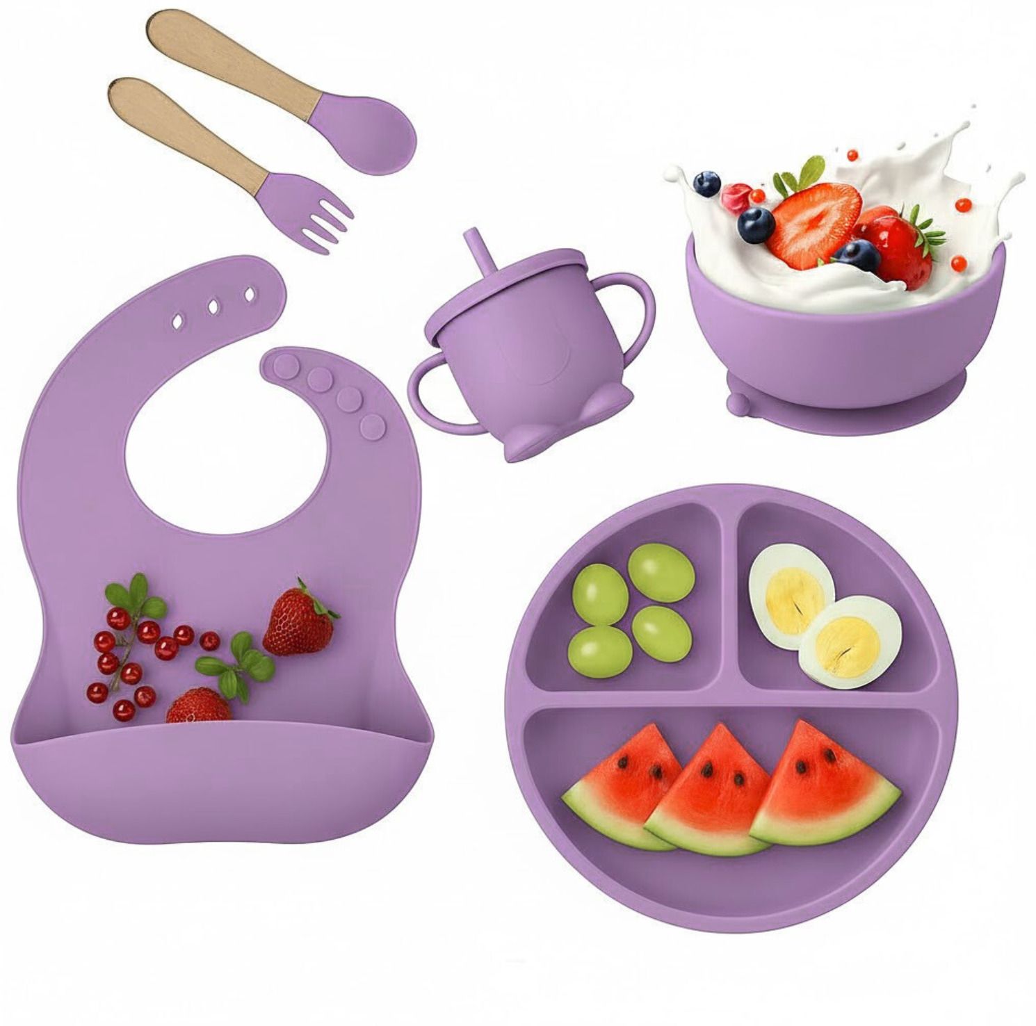 6PCS Toddler Silicone Mealtime Set – Suction Plate, Bowl, Bib & Training Cup - BPA Free -Silicone-image-18