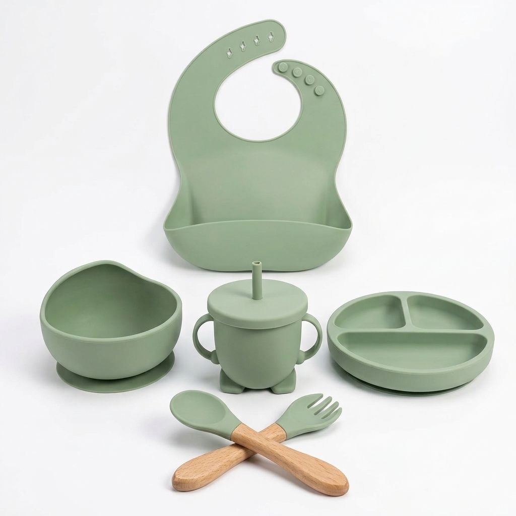 Silicone Baby Meal Set with Suction Plate Bowl Bib Cup Spoon Fork (Green) - Silicone-image-44