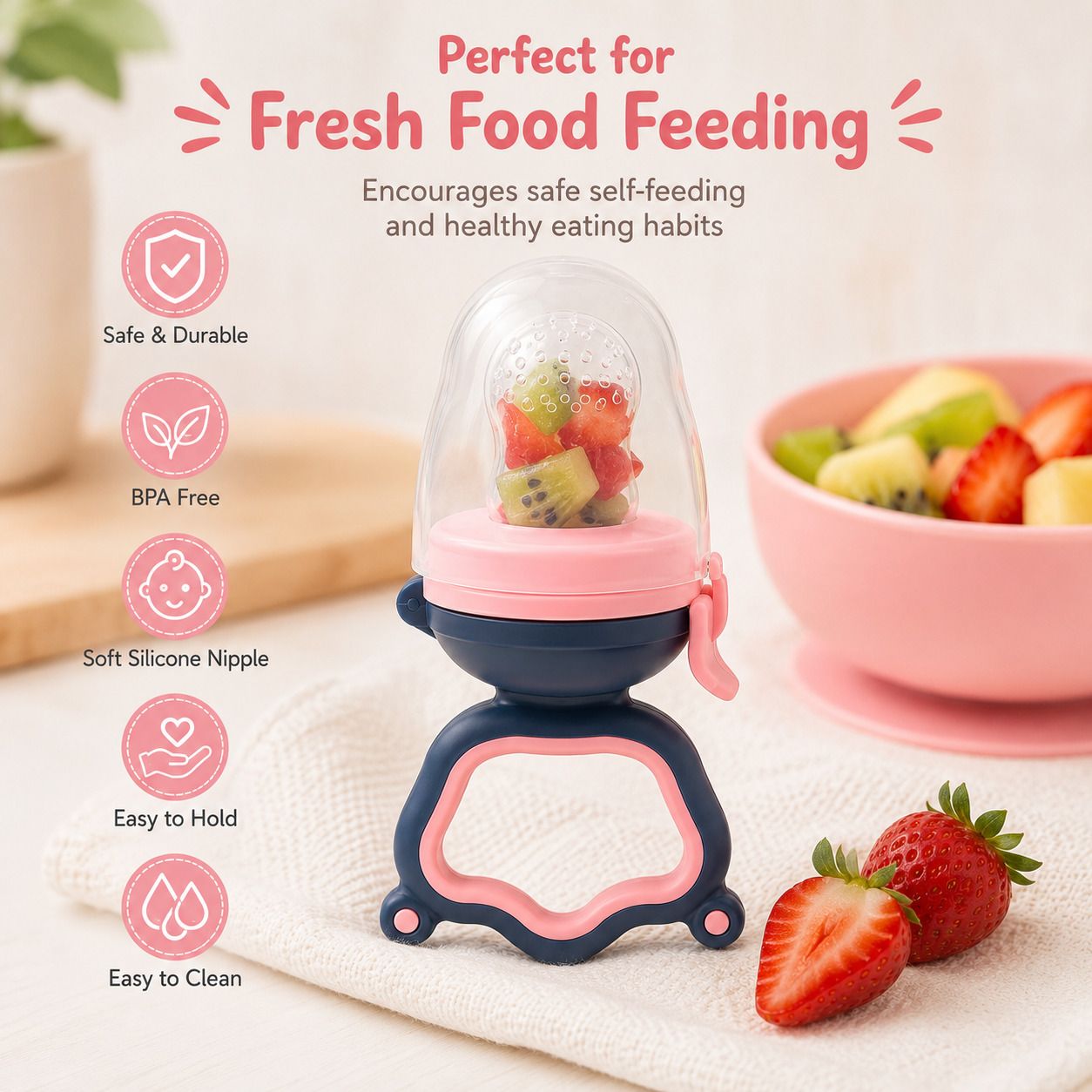Baby Fresh Food Feeder with 2 Extra Silicone Nipples, Feeder for Babies. - Rubber, Silicone-image-34