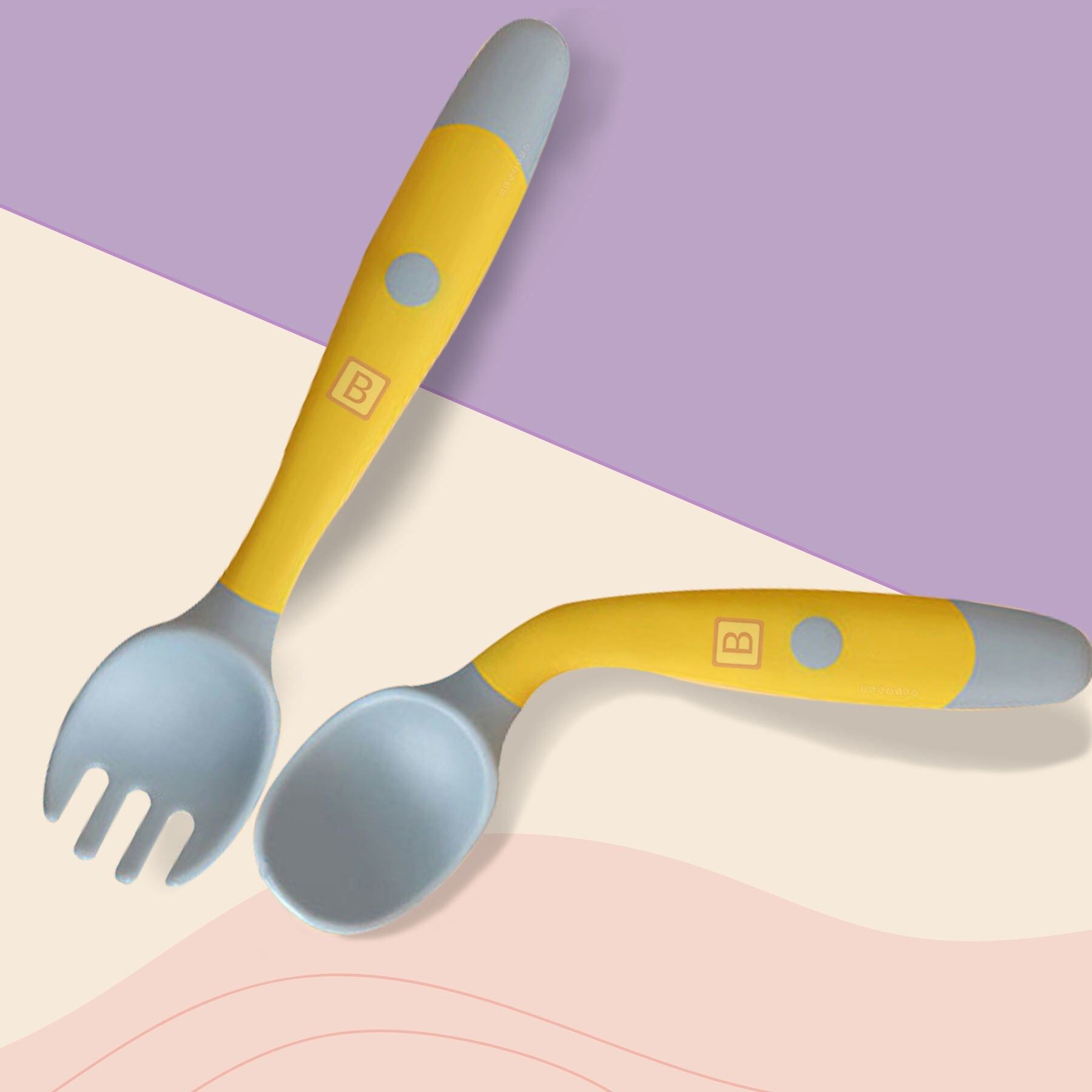 Baby Silicone Training Spoon Twist Spoon,Baby Spoon and Fork Set (Yellow Color). - Silicone