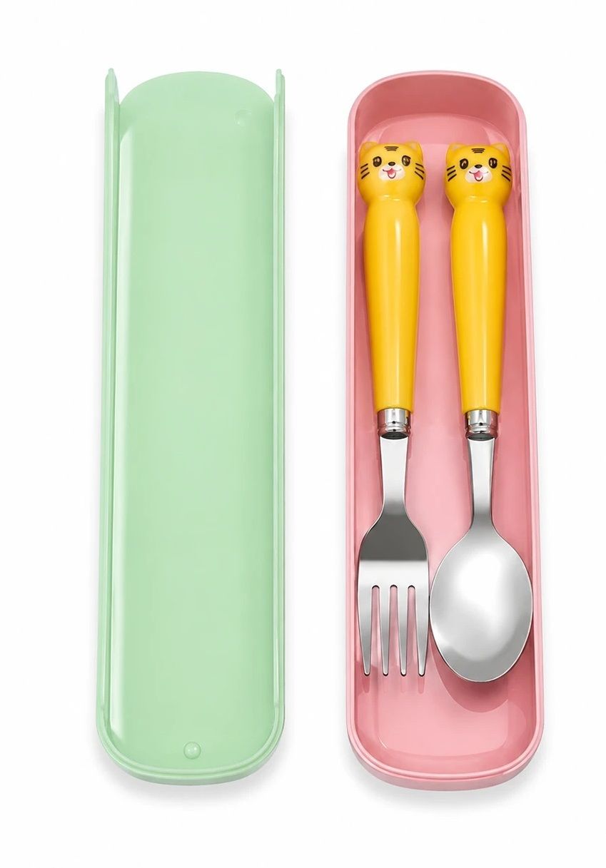 blluex Yellow Tiger Face Stainless Steel Cutlery Carrying Case Set- for Kids & Students - Non Toxic Plastic-picture-26