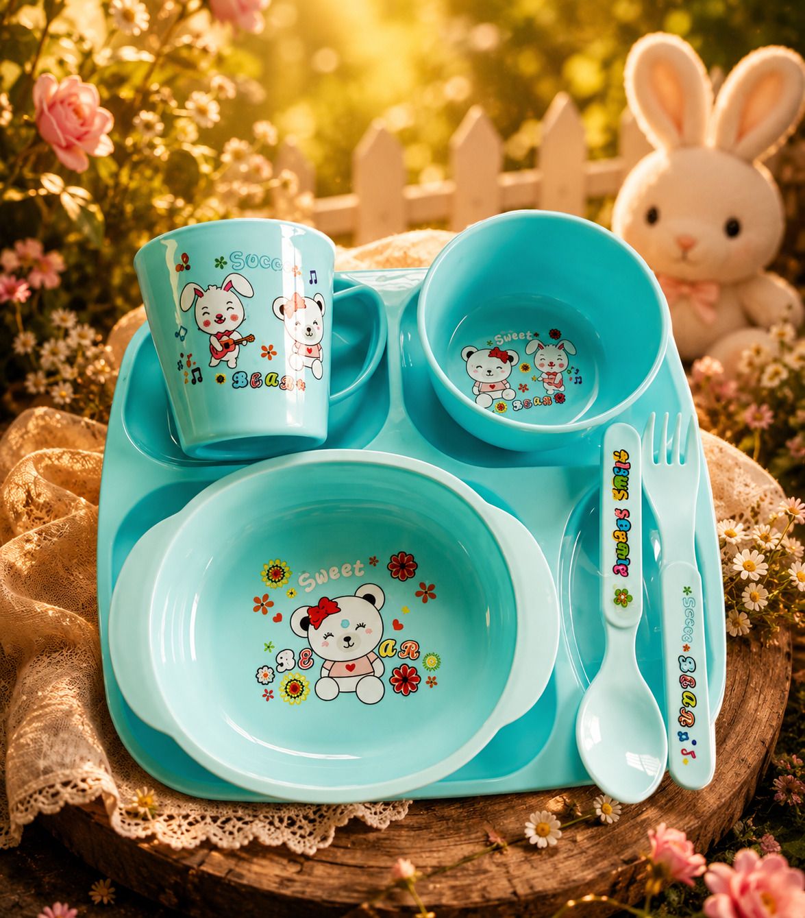 Cute Cartoon Bear & Bunny Kids Dinnerware Set - PLASTIC-image-25