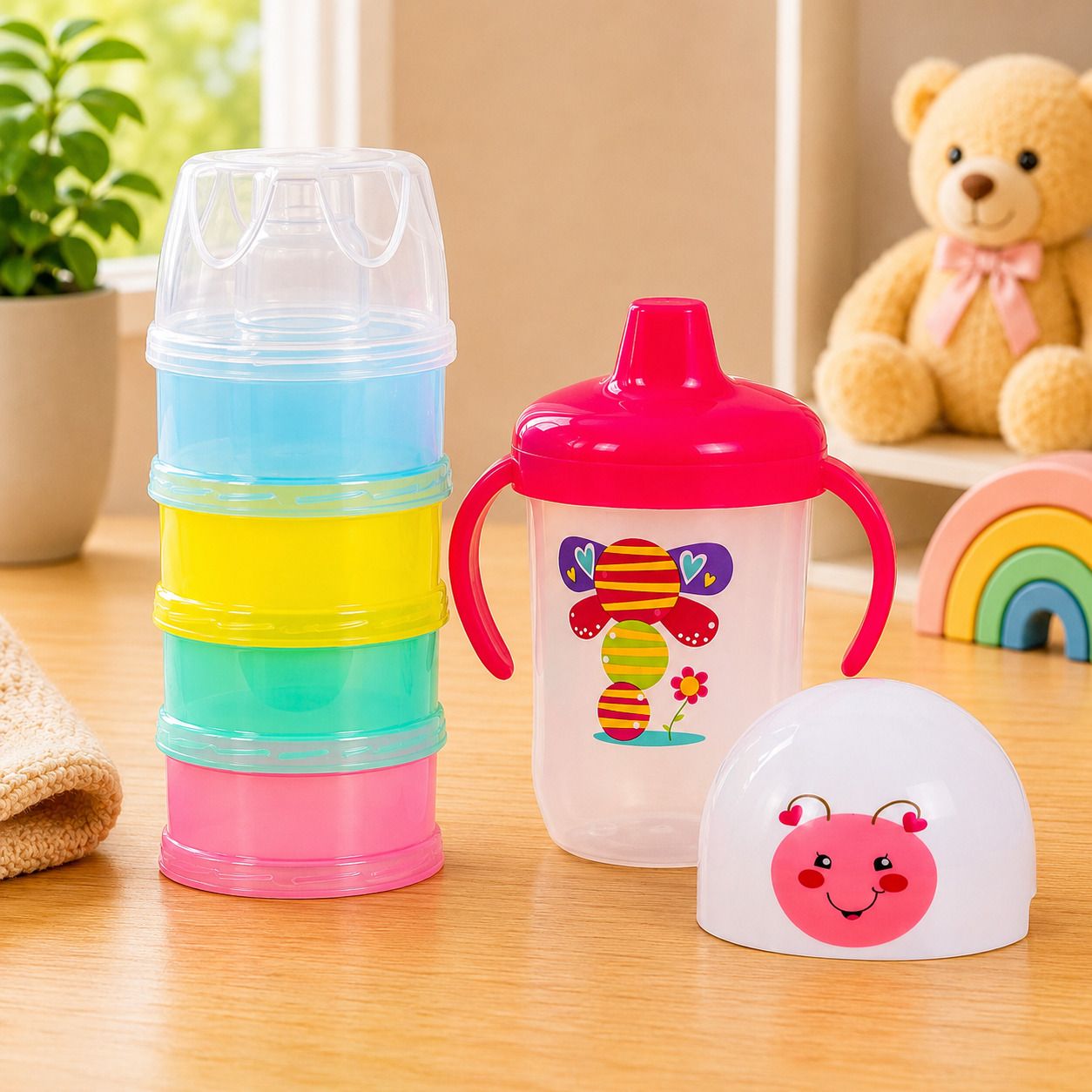 Duck Bill Hard Spout Sipper with Twin Pink Baby Milk Powder Container (4 Steps) - Food Grade Plastic-image-39