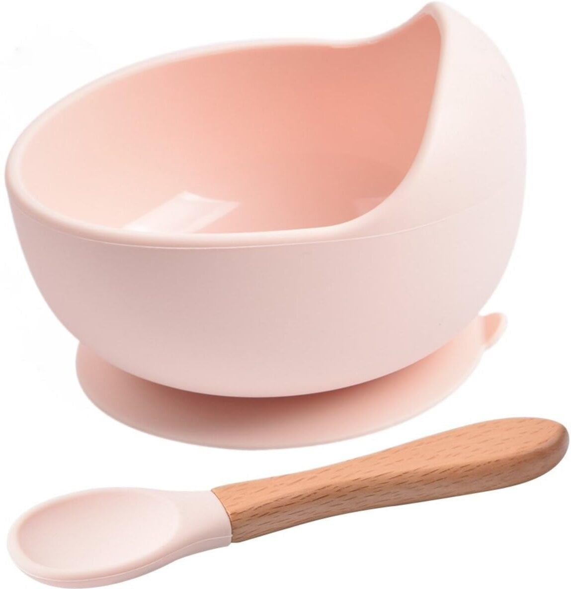 Baby Kids Feeding Silicone Bowl & Wooden Handle Spoon, Babies Bowl & Spoon Set - Silicone-image-0