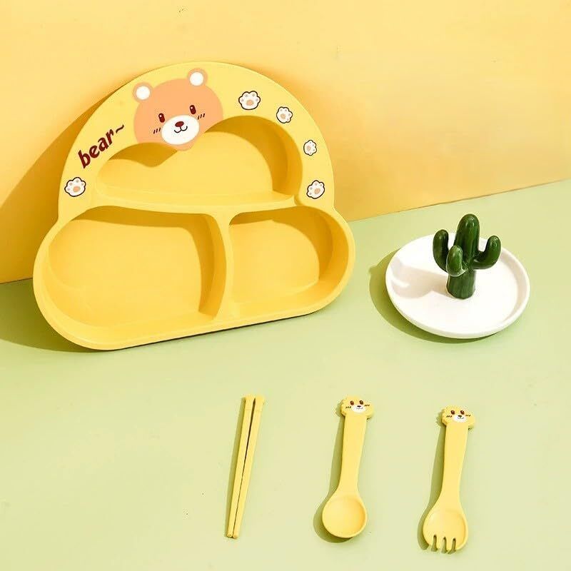 Cartoon Divided Plastic Plate Set for Kids with Spoon, Fork & Chopsticks - Plastic-image-19