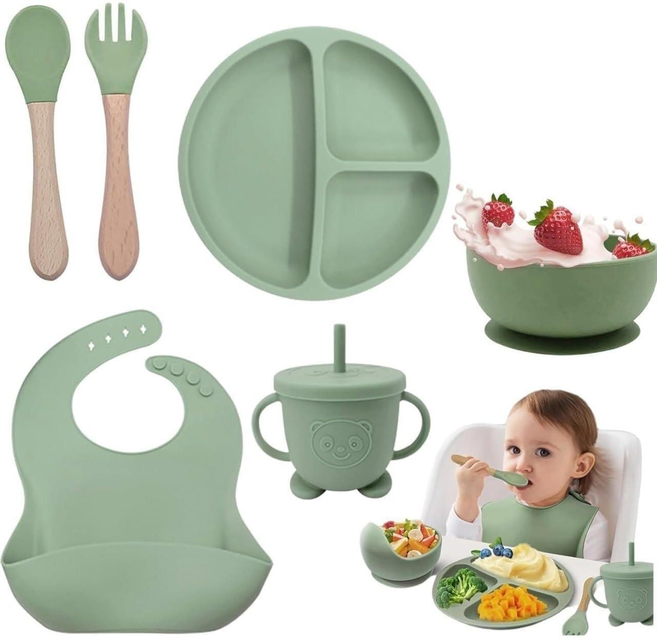 Premium 6-Piece Silicone Baby Feeding Bowl, Straw Sippy Cup, Spoon & Fork - silicone-image-34
