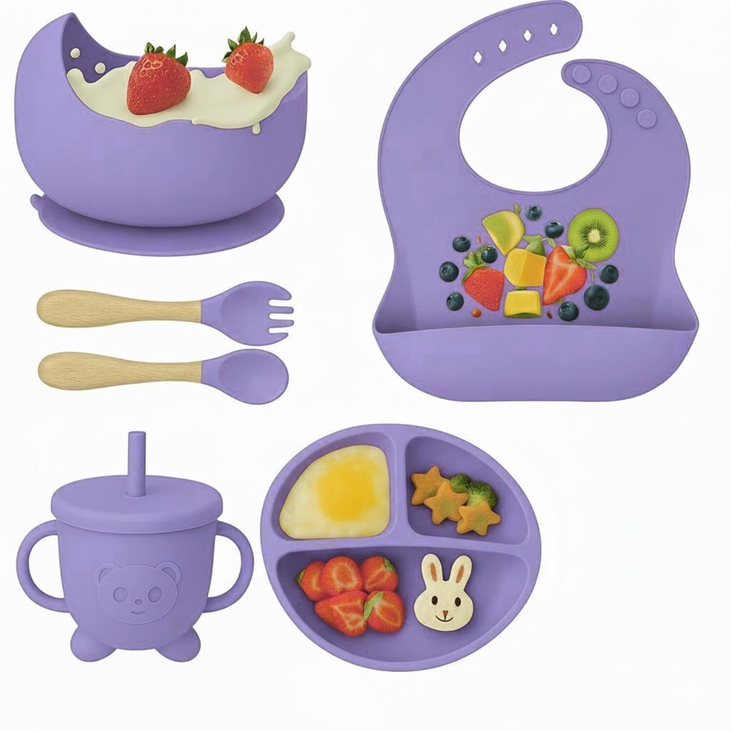 jekemi Toddler Feeding Kit – 6PCS Silicone Dishware, BPA-Free, Non-Toxic, Easy to Clean - Feeding Bowl, Suction Plate, Cup, Spoon, Fork & Bib for Kid, Toddler, Silicone-picture-2