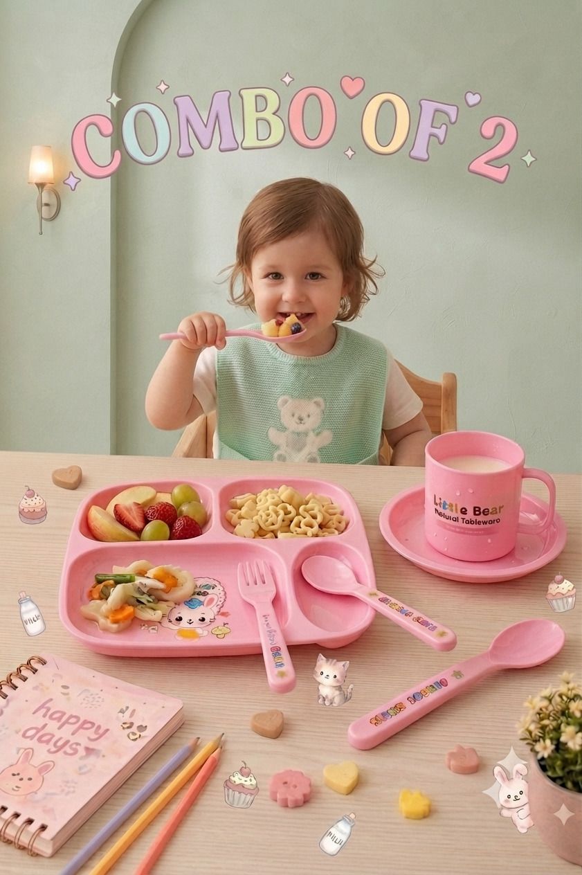 Kids Pink Feeding Set Combo of 2 | 5-Compartment Plate, Spoon, Fork & Cup Set - Plastics-image-44
