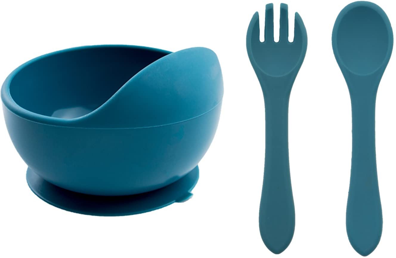Silicone Meal Bowl with Spoon & Fork Set for Baby BPA Free Non-Slip Suction- Silicon