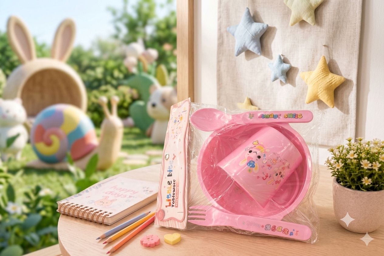 Kids Feeding Tableware Set with Cup, Plate, Spoon & Fork – Pink - Plastic-image-38
