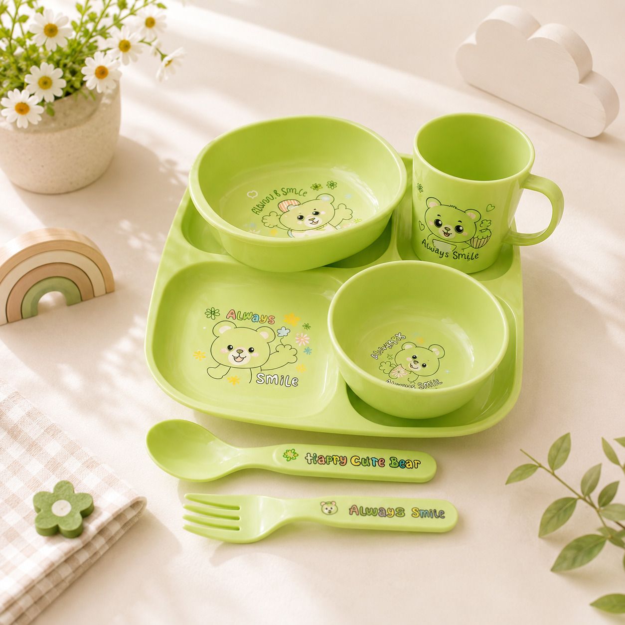 Premium 6-Piece Kids Dinnerware Set with Divided Tray – GREEN - PLASTIC-image-28