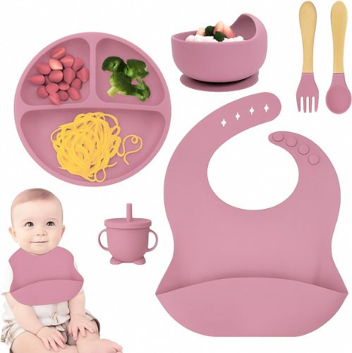 6 pcs Silicone Baby Feeding Set– Suction Bowl & Plate,Bib,Spoon, Fork, Sippy Cup - BPA Free -Silicone-image-15