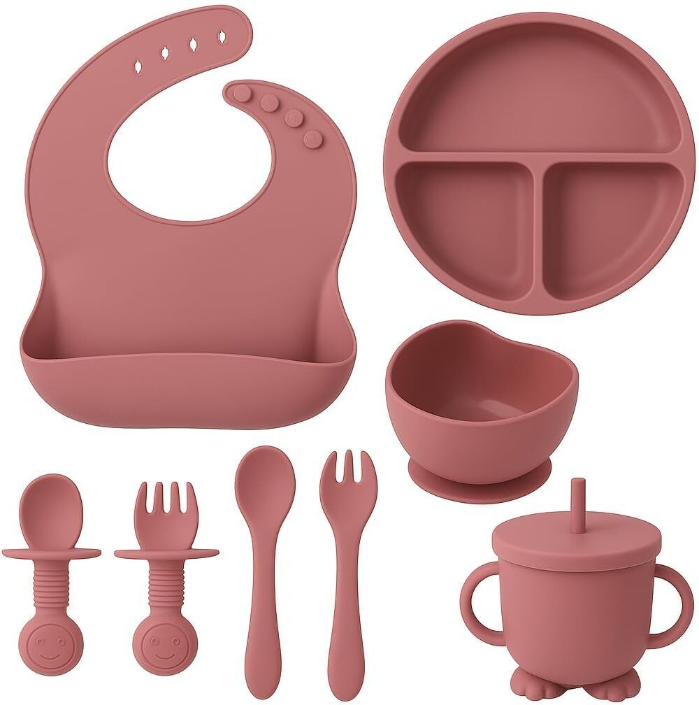 Baby Feeding Set Silicone Bib Bowl Plate Cup Spoon Fork Set BPA Free Kids - silicon-image-1