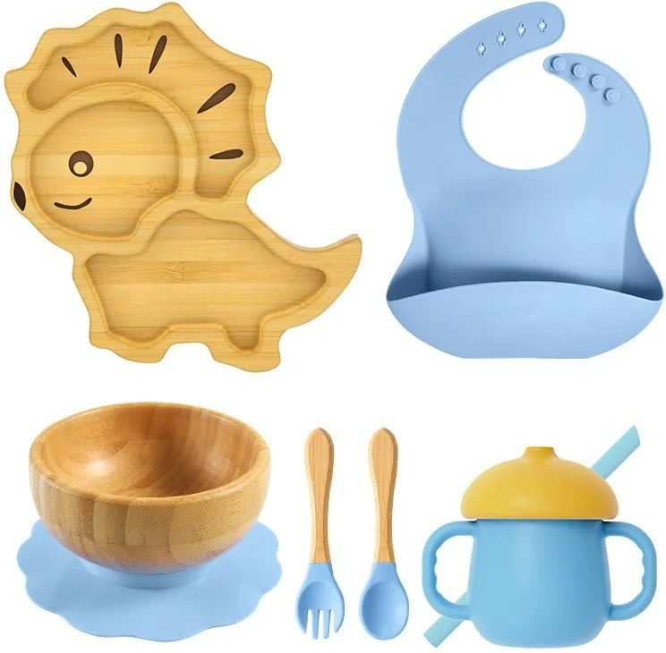 Bamboo Baby Feeding Set with Leo Suction Plate - Bowl, Spoon, Fork, Bib & Cup - Bamboo, Food Grade Silicone-image-23