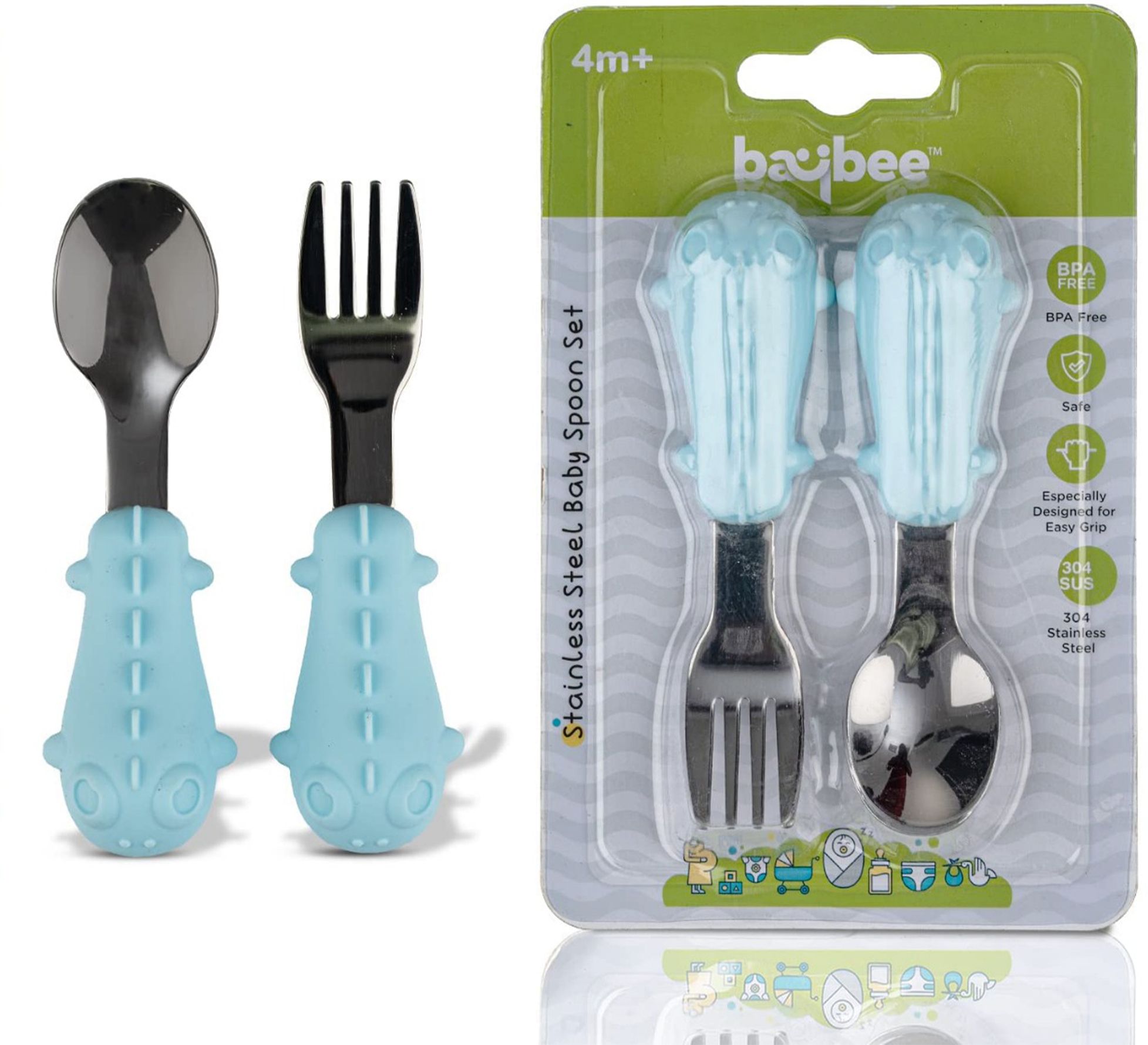 Baby Feeding Spoon & Fork Set – Stainless Steel Baby Spoon Set for Baby Feeding - BPA free silicone and Steel-image-26