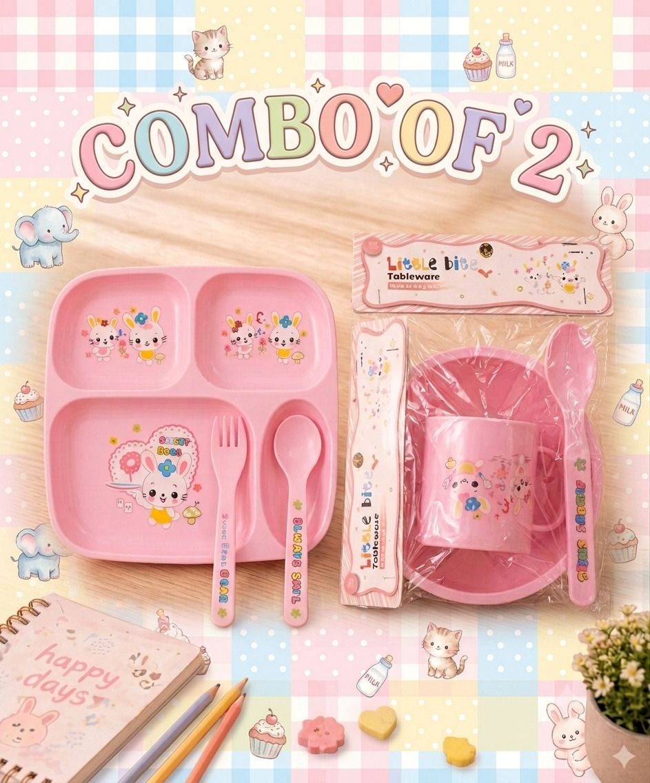 Kids Feeding Set Combo Pack of 2 Pink Bear Print Baby Dinner Set - Plastic-image-49