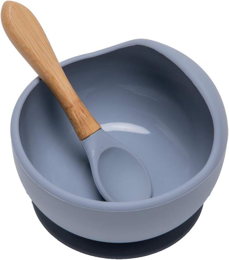 Baby Feeding Bowl and Spoon Set, Silicone Suction Base and Wooden Spoon - Silicone