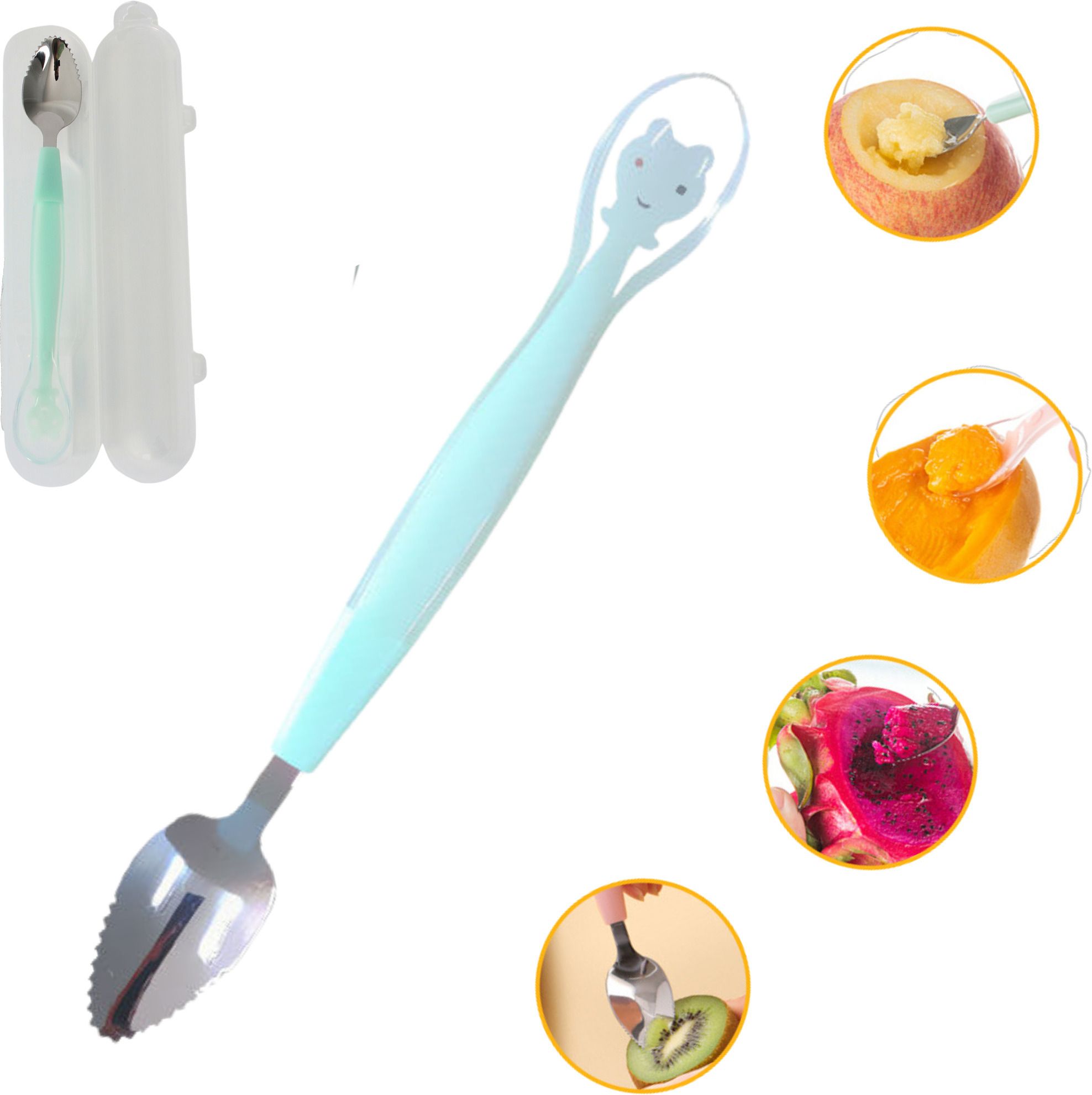 Double Head 2 in 1 Silicone Baby Spoon & Stainless Steel Fruit Scraper Spoon - Spoon head is 100 % Silicone - Food Grade, BPA Free Plastic Body-image-9